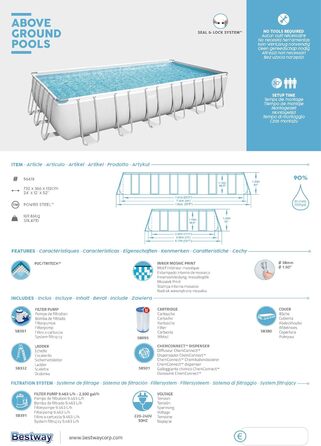 Басейн Bestway Power Steel Frame Pool Complete with Filter Pump 732 x 366 x 132 см, світло-сірий, квадратний