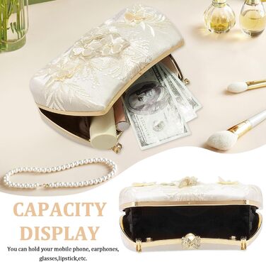 Жіноча сумочка з перлами та квітковою мереживною вишивкою, сатин, елегантна ручна сумочка з верхньою ручкою, зі знімним ланцюжком, для весілля, дівич-вечора, випускного, білого кольору