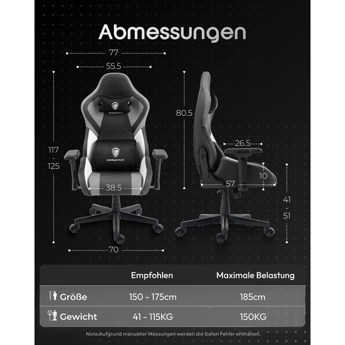 Ігрове крісло Dowinx з 4D підлокітниками та функцією гойдання 15, регульоване масажне ігрове крісло на 165, ергономічне ігрове крісло, гоночний дизайн для геймерів та кіберспорту, вантажопідйомність 135 кг, сірий колір