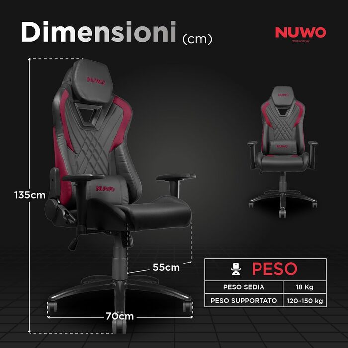 Ергономічне ігрове крісло Nuwo DoXx, крісло для ПК, ігрове крісло, 2D підлокітники, регульована спинка та висота, поперекова підтримка та підголівник, 120 кг, червона серія DoXx