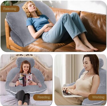 Подушка для читання для ліжка та дивана, подушка для спини для читання зі знімним валиком для шиї, ергономічна подушка для спинки, комфортна подушка для дорослих, U-подібна подушка для вагітних для ліжка та дивана (сіра)