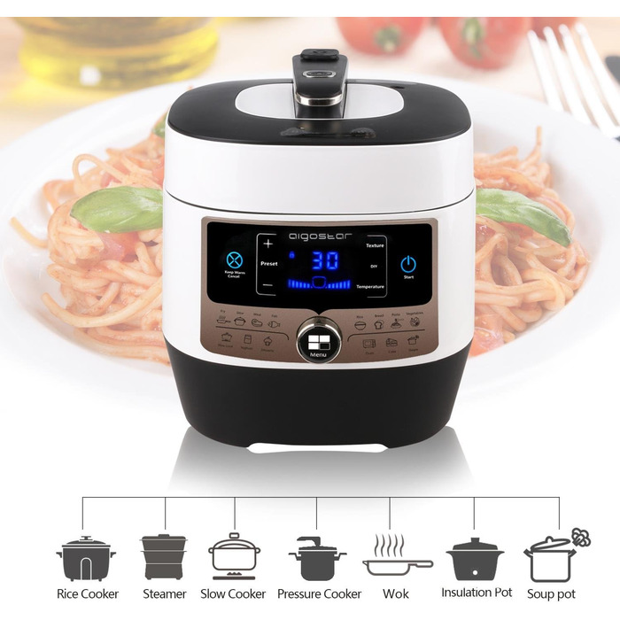 Скороварка Aigostar Panda 7 в 1, мультиварка на 6 л з 14 функціями, світлодіодна панель, налаштування тиску, таймер і функція піді