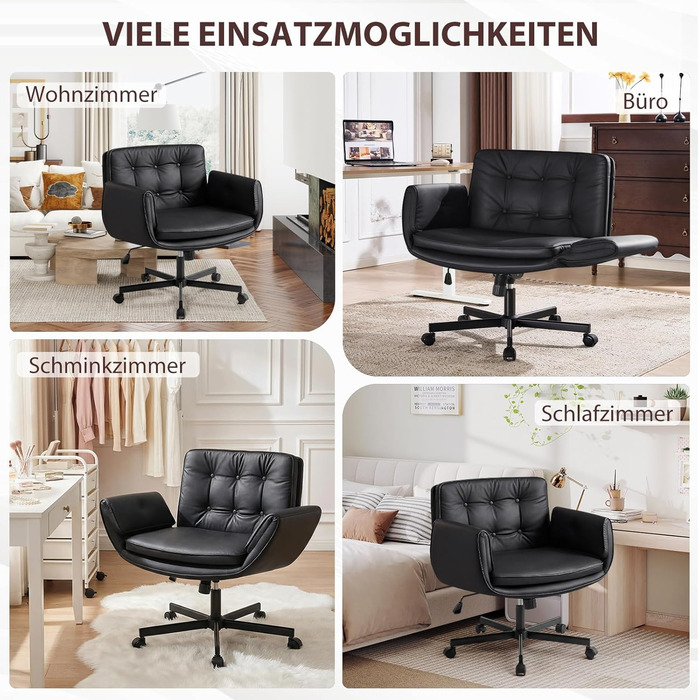 Ергономічне офісне крісло з 5-позиційними регульованими підлокітниками, робоче крісло з широкою подушкою сидіння, сидіння зі штучної шкіри зі схрещеними ніжками та функцією нахилу, обертове крісло з регулюванням висоти, чорне