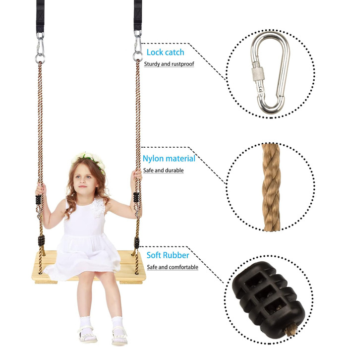 Дерев'яні гойдалки KINSPORY, садові гойдалки з регульованою конопляною мотузкою, для внутрішнього та зовнішнього використання, сид