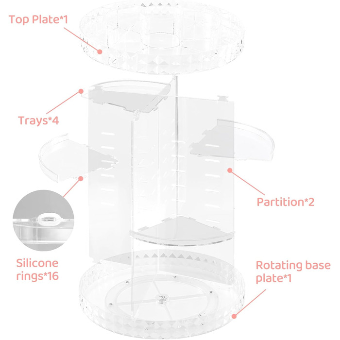 Поворотна косметична вітрина, 6 регульованих рівнів, прозорий органайзер для макіяжу, обертовий органайзер для догляду за шкірою, 4 рівні частини
