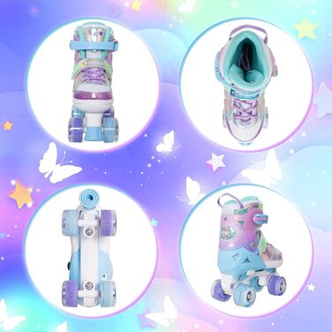 Дитячі роликові ковзани Nattork для дівчаток та хлопчиків, 4 розміри з регулюванням, чотириколісні роликові ковзани з мотивом метелика та квітки, подарунок на день народження для занять спортом у приміщенні та на вулиці, розмір S (EU 27-31), фіолетовий