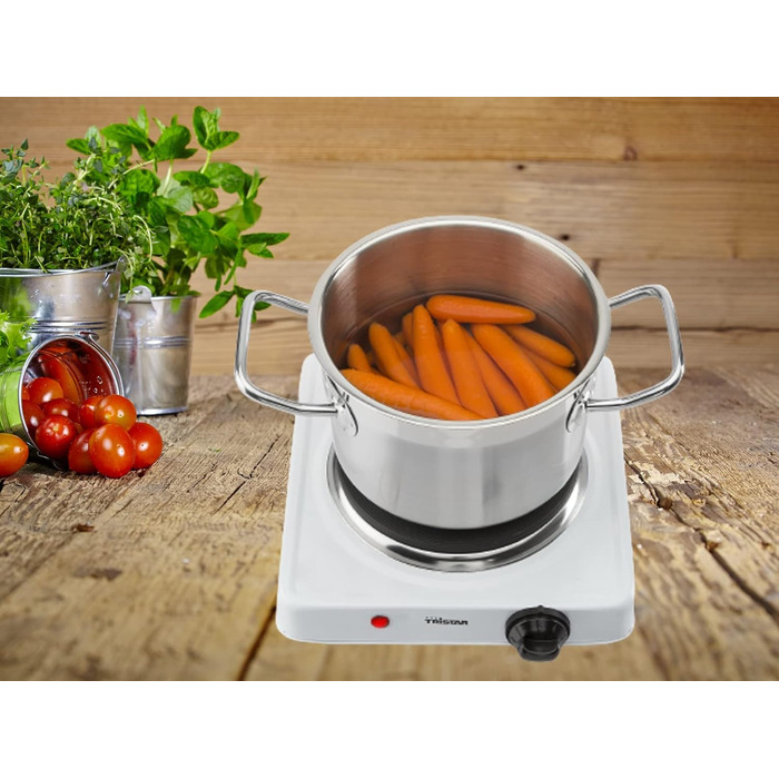 Гаряча плита Tristar KP-6185 Ø 15 см 1000 Вт нержавіюча сталь з термостатом ідеально підходить для кемпінгу біла одинарна конфорка