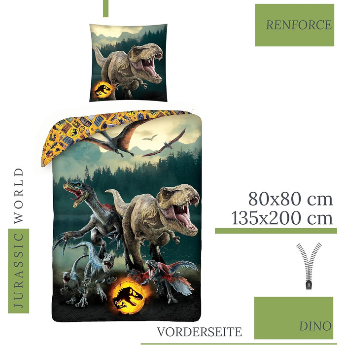 Світ динозаврів Юрського періоду дитяча постільна білизна - 1 x наволочка 80x80 1 x підодіяльник 135x200 см - T-Rex Dino - 100 бав