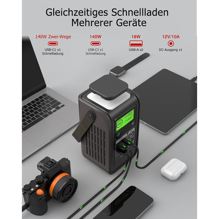 Портативна зарядна станція, портативний акумулятор LiFePO4 ємністю 192 Втгод, живлення постійного струму 180 Вт, зарядний пристрій 140 Вт, двостороння швидка зарядка USB-C, сонячний генератор для кемпінгу, подорожей та надзвичайних ситуацій (без адаптера 