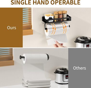 Підставка для спецій з тримачем для кухонних рулонів та гачками, настінна підставка для спецій (не потребує свердління), органайзер для спецій для кухні, чорний