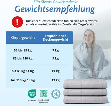 Обтяжена ковдра Ella 135x200 7 кг - Антистресова терапевтична ковдра - Щільна ковдра зі 100 бавовни - Ковдра для глибокого сну та кращого відновлення, Обтяжена ковдра для чоловіків та жінок від 55 до 85 кг, сіра 135x200 7 кг сіра