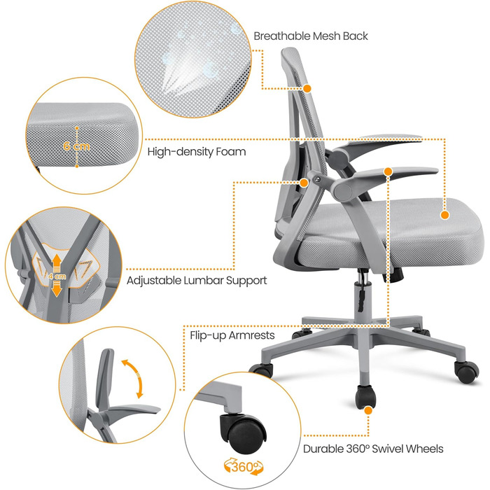 Офісне крісло Yaheetech, стілець для роботи з відкидними підлокітниками, обертове крісло з сітки, ергономічне офісне крісло, регульована поперекова опора, функція гойдання, регульована висота, сірий