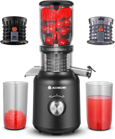 Переможець тесту соковижималки для овочів та фруктів Slow Juicer-AOBOSI 250W з жолобом подачі 103 мм та 2 безметалевими фільтрами - соковижималка 1,2 л електрична з 2 патентами, чорна 103 мм Чорна