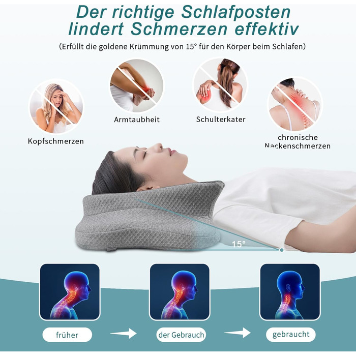 Подушка з піни з ефектом пам&39яті, подушка для шийного відділу хребта для полегшення болю в шиї та плечах, ергономічна контурна подушка для ліжка, м&39яка для сну на боці, животі та спині, суцільно сіра