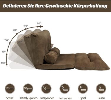Розкладний диван-ліжко COSTWAY, розкладний, регульоване крісло з 6 положеннями, сидіння з 2 подушками, подушка на сидіння зі спинкою, м&39який розкладний диван-ліжко для спальні-вітальні (коричневий)