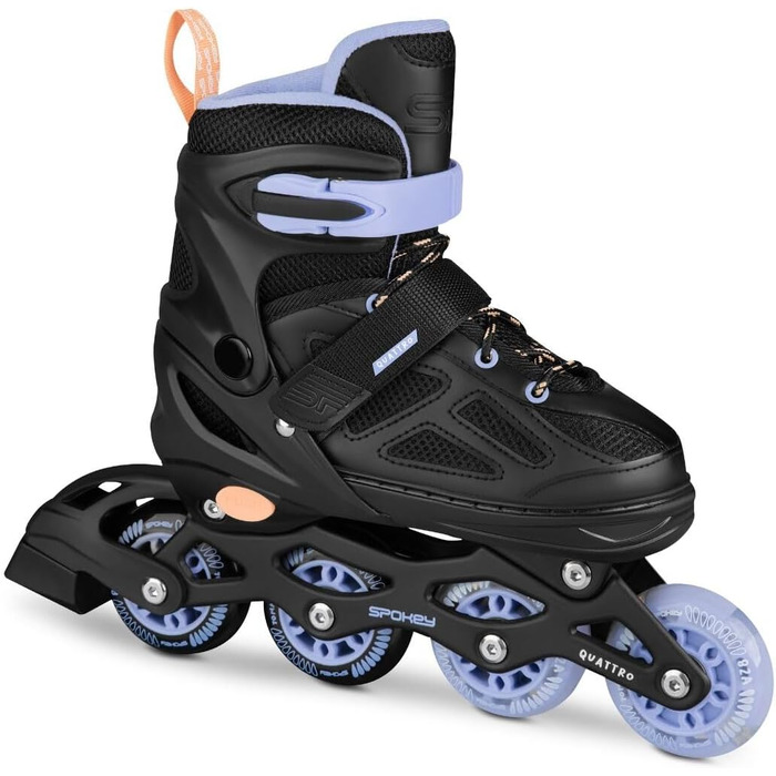 Набір SPOKEY Quattro 4-в-1 Роликові ковзани/Роликові ковзани/Трискейти/Ковзани для льоду, РЕГУЛЬОВАНІ для дітей та підлітків Роликові ковзани, що трансформуються в роликові Розміри 30-33, 34-37, 38-41 Чорний/Фіолетовий 38-41