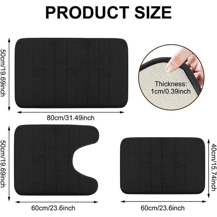 Комплект килимків для ванної кімнати з 3 предметів з піни з ефектом пам&39яті нековзні, миючі килимки для ванни, душу та туалету розкішний комфорт та сучасний дизайн (чорний)