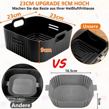 Силіконова форма для фритюрниці 23 см, аксесуари для фритюрниці 2 шт. Силіконова форма для випічки XXL для COSORI 6,4 л, 6,2 л, 6 л, Russell Hobbs 8 л, багаторазова замість паперу для випічки аксесуари для фритюрниці 23 см чорний