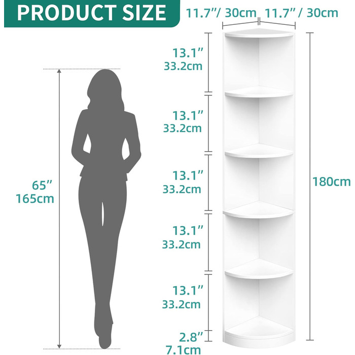 Біла 5-ярусна кутова книжкова полиця 30x30x180 см, Дерев&39яні книжкові полиці, Відкрите місце для зберігання, Книжкові полиці для вітальні, домашнього офісу, Окремостояча кутова полиця Біла* 30Г x 30Ш x 180В см