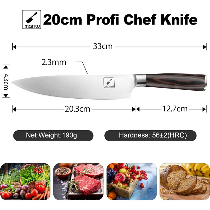 Ніж шеф-кухаря imarku, 20-сантиметровий кухонний ніж професійний ніж, Високовуглецевий ніж шеф-кухаря з нержавіючої сталі гострий,