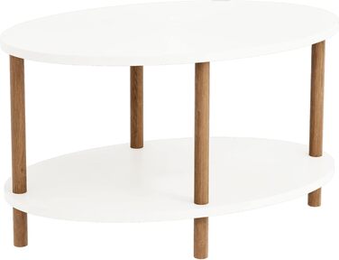 Журнальний столик Højreby, овальний диван-столик з 1 полицею, вітальня, 70 x 44 x 43 см, ніжки з бука, білий