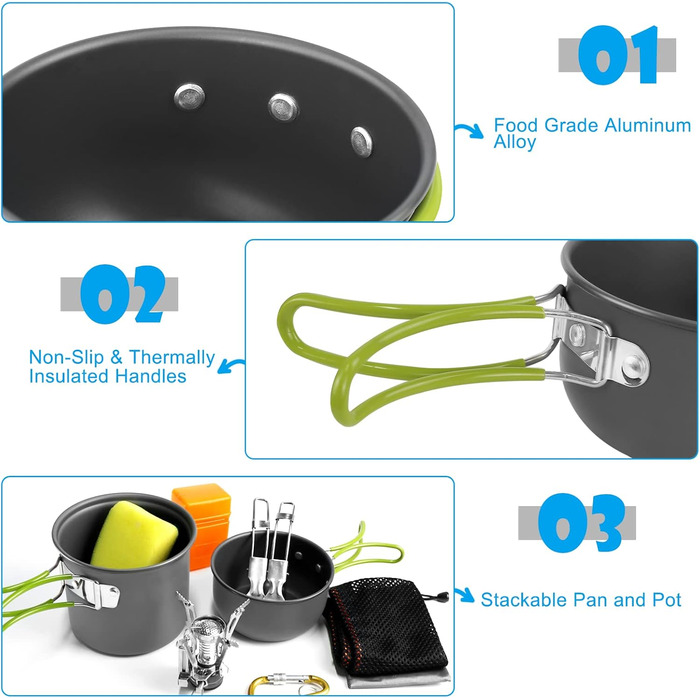 Набір посуду для кемпінгу AUTOPkio для 1-2 осіб, складний кемпінговий горщик для вулиці з газовою плитою, набір посуду для пікніка, легкий алюмінієвий набір для барбекю, походів, приготування їжі, рідкий газ, 10 предметів