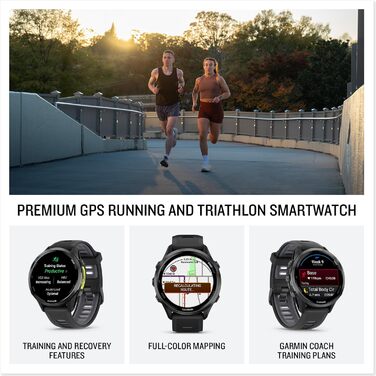 Розумний годинник Garmin Forerunner 970 Premium GPS для бігу та триатлону, AMOLED-дисплей, вбудований світлодіодний ліхтарик, карбоново-сірий DLC титановий колір з чорним корпусом та чорним напівпрозорим ремінцем з білого каменю