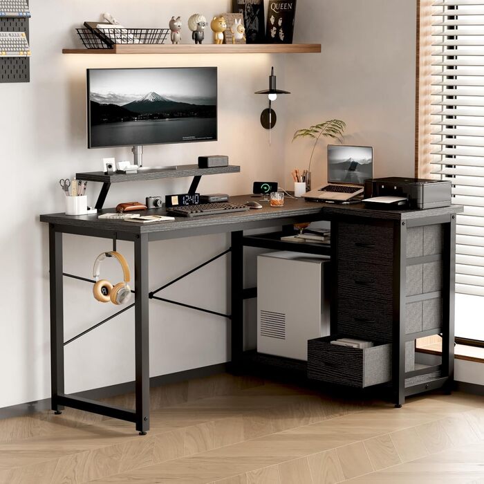 Г-подібний письмовий стіл Devoko з 4 тканинними шухлядами, двосторонній кутовий стіл з 2 розетками та 2 USB-портами, Г-подібний комп&39ютерний стіл для домашнього офісу, чорний, 140x80 см