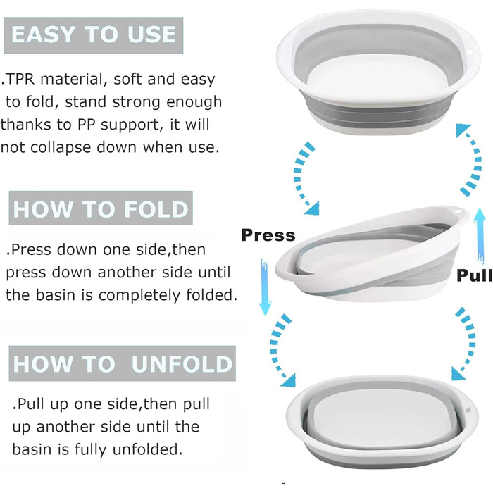 Складана чаша для миття посуду, 5 л, портативний умивальник, силіконовий пластиковий кошик, багатофункціональний туристичний умивальник, кемпінгова раковина, компактна складна ванна (сіра) 5 л Сірий