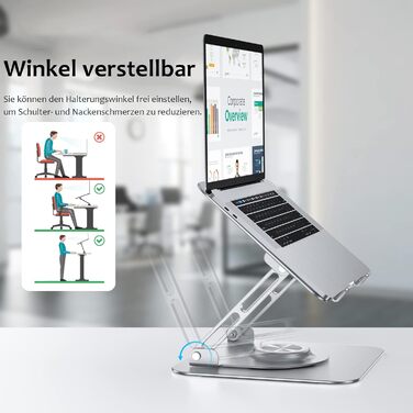 Стійка для ноутбука JOYEKY 360 складана, портативна, з алюмінію, регульована по висоті та ергономічна. Сумісна з MacBook, Dell, HP та іншими ноутбуками. Сріблястий колір, обертається на 360