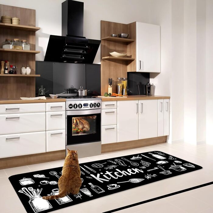 Килим для передпокою Alishomtll Runner, нековзний, 60x180 см, кухонний килимок, протиковзкий, можна прати, стійкий до плям, абсорбуючий, сучасний килимок, легкий у догляді, килимок для кухні, для вітальні, чорний, 60 x 180 см