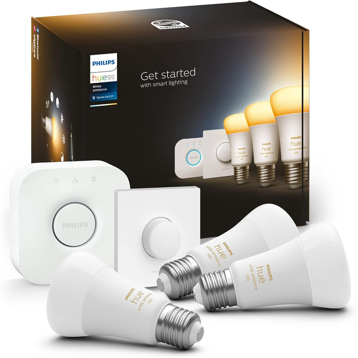 Стартовий набір Philips Hue White Ambiance E27 з 3 частин, включаючи розумну кнопку 3x800 лм і білий і Col. Amb. Lightstrip Plus 2m Base, 1600 лм, 16 мільйонів кольорів, керується через додаток, сумісний з Storeo Alexa Bundle з Lightstrip Plus 2m