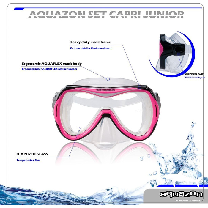 Високоякісний набір для сноркелінгу, набір для дайвінгу, набір для плавання, маска для сноркелінгу із загартованими лінзами, трубка з напівсухим верхом для дітей та підлітків віком 7-12 років, рожевий