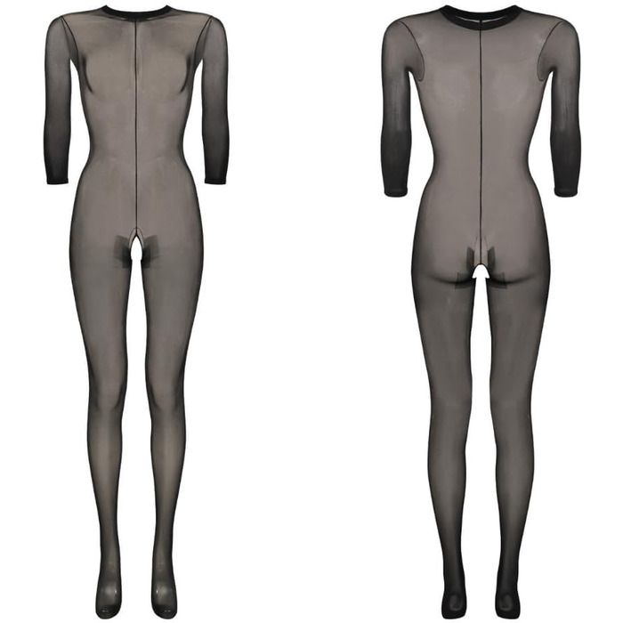 Сексуальний жіночий бодістокінг з прозорої сітки, чорний, довгі рукави, з відкритим доступом в інтимній зоні