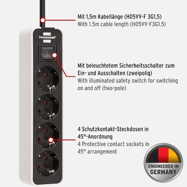 Розетка Brennenstuhl Ecolor 4-місна (розетка з вимикачем і кабелем 1,5 м) чорна/біла біла/чорна 4-місна