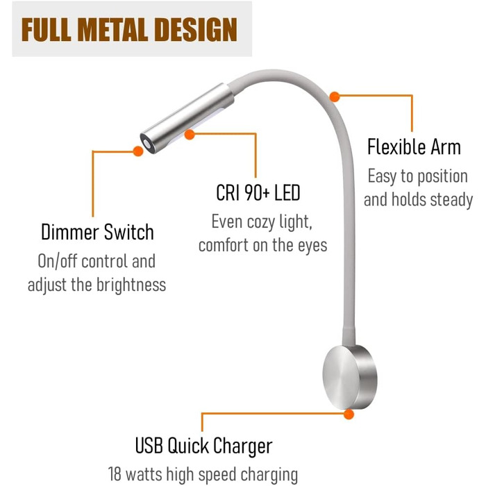 Лампа для читання 12 В RV з USB-швидким зарядним пристроєм і червоним нічником 4000K з можливістю затемнення світлодіодне точкове світло для читання, гнучка гусяча шия постійного струму 24 В, для човна, каравану, фургона, яхти, ліжка