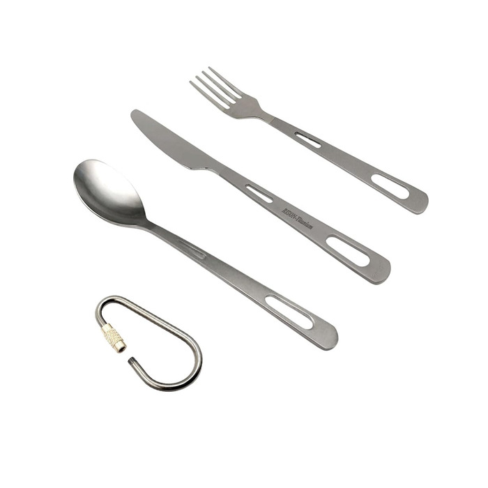 Набір столових приборів RISON-Titanium Titanium для кемпінгу, комбіновані столові прибори з 4 титанових виделок-ложок-ніжів для подорожей з карабіном та сумкою для зберігання, посуд для приготування їжі на свіжому повітрі, рюкзак для походів, щоденний пос