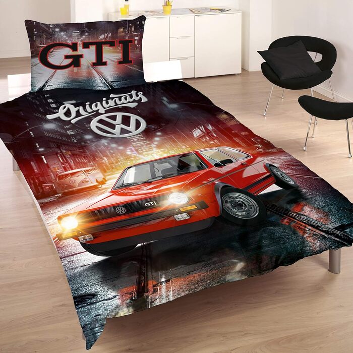 Комплект постільної білизни VW Volkswagen Golf GTI, червоний/сірий, 135 см x 200 см 80 см x 80 см, класичний автомобільний дизайн, 100 бавовна перкалевої якості, гоночний автомобіль Wrthsee, 2 дизайни, двосторонній комплект постільної білизни на блискавці