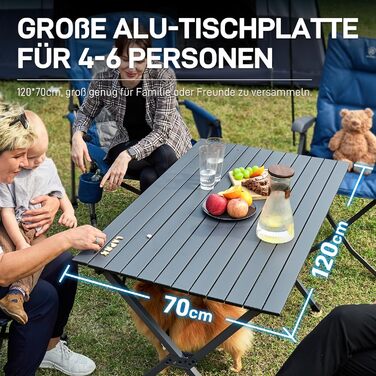 Складаний кемпінговий стіл EVER ADVANCED, алюміній, 120x70 см, вантажопідйомність 100 кг, зсувна стільниця для 4-6 осіб, складаний стіл із сумкою для перенесення для кемпінгу, пікніків, саду, балкону, темно-сірий
