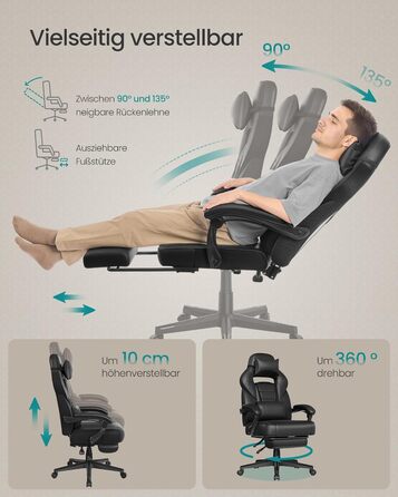 Ігрове крісло SONGMICS, офісне крісло з підставкою для ніг, робоче крісло з підголівником та поперековою опорою, регульована висота, ергономічне, вантажопідйомність до 150 кг, чорний колір OBG073B05 Колір чорнила чорний