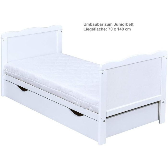 Комплект дитячого ліжка Generic Baby Deluxe, що трансформується в дитяче ліжко, 140x70 см, білий, з шухлядою, матрацом, багатопредметний комплект постільної білизни, Jack (Dreamland Beige)