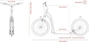 Самокат Yedoo S2020 - до 150 кг, самокат з пневматичними шинами 20/20 - самокат для дорослих, самокат для собак Burgundy
