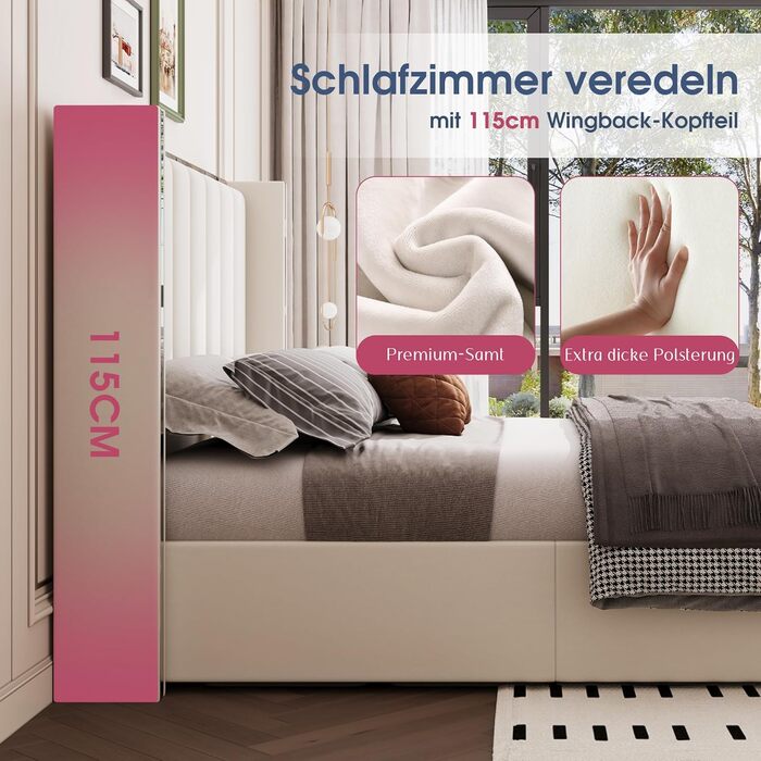 М&39яке ліжко з ящиком для зберігання речей, узголів&39ям заввишки 115 см, місцем для зберігання речей, функцією підйому та хромованим дизайном, каркас з масиву дерева оксамит (кремово-білий, 140 x 200 см) 140 x 200 см Бежевий