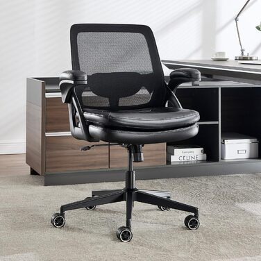 Офісний стілець, стілець для столу, обертовий стілець із сітчастою оббивкою, ергономічний, поперекова підтримка, сидіння 72 см, складні підлокітники, для офісу, домашнього офісу, кабінету, чорний