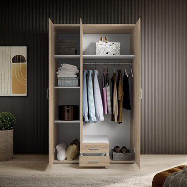 Елегантна 3-дверна шафа з великим простором для зберігання - Універсальна шафа з орними дверима, оздобленням дуба Сонома та дзеркальними дверима - 120 x 195 x 55 см (Ш/В/Г) з оздобленням дуба Сонома, одинарна