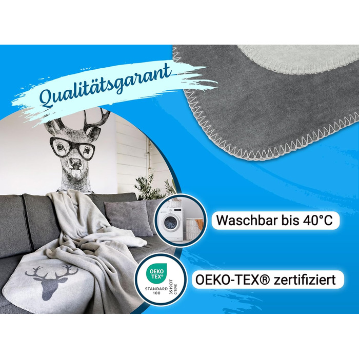 М&39яка ковдра ZOLLNER 150x200 см - Пухнаста та м&39яка двостороння ковдра у двох простих кольорах - Модне плетене обличчя з оленячою головою сірого кольору - Змішана тканина - Можна прати при температурі до 40C - Сертифікована сіра двостороння ковдра Oek