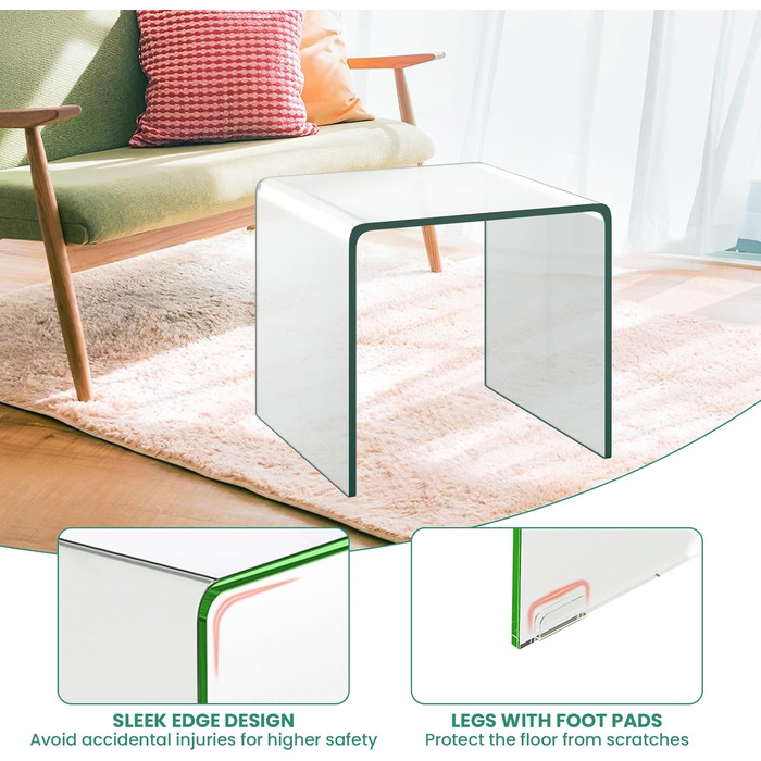 Скляний журнальний столик LIFEZEAL, N-подібний, сучасний скляний приставний столик, прозорий стіл для вітальні, офісу, готелю, макс. 30 кг, 45 x 45 x 41 см