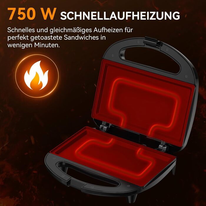 Сендвіч-машина Snailar, бутербродниця на 2 скибочки з плоскими пластинами, антипригарна, прохолодна ручка, 750 Вт, чорні плоскі тарілки