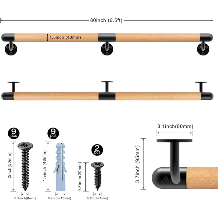 Футів Дерев'яні поручні Внутрішні сходи Поручні Настінні поручні Металеві баркети, зручні поручні Бар'єр Доступні сходи Поручень 80 дюймів / 6.5 футів, 3-10