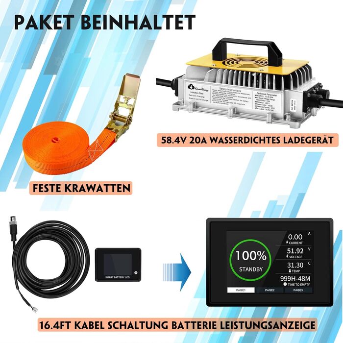 Літій-іонний акумулятор LiFePO4 48 В (51,2 В) ємністю 100 Аг з вбудованою системою управління будинком (BMS) 200 А, мобільним додатком, зарядним пристроєм, сенсорним монітором та ремінцем для перенесення, 6000 циклів розрядки/зарядки, ідеально підходить д